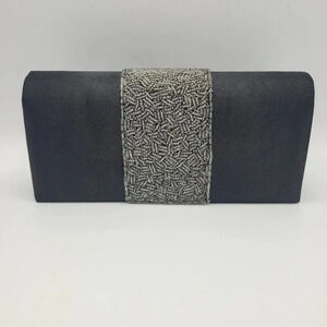 Jessica McClintock Vintage Black Satin Clutch Evening Bag Silver Beaded Accent